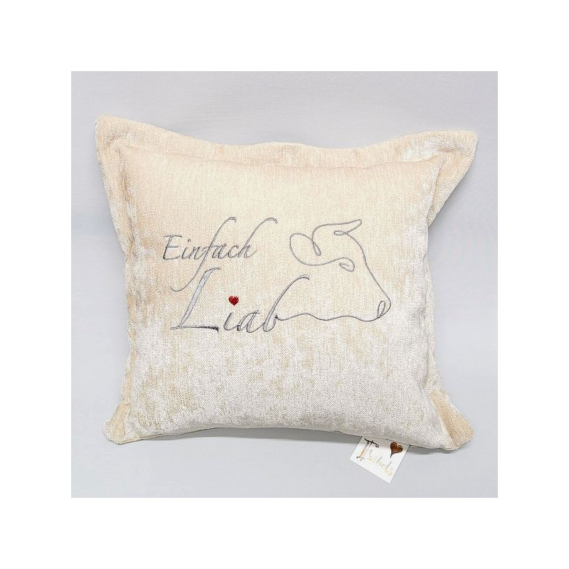 Zierkissen Chenillesamt bestickt "Einfach Liab" Kuh 45x45 | Creme-beige